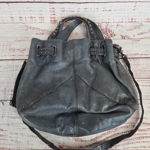 Banana Republic Dark Gray/Blue Genuine Leather Studded Dual Handle Crossbody Bag - Picture 5 of 12